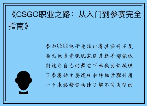 《CSGO职业之路：从入门到参赛完全指南》